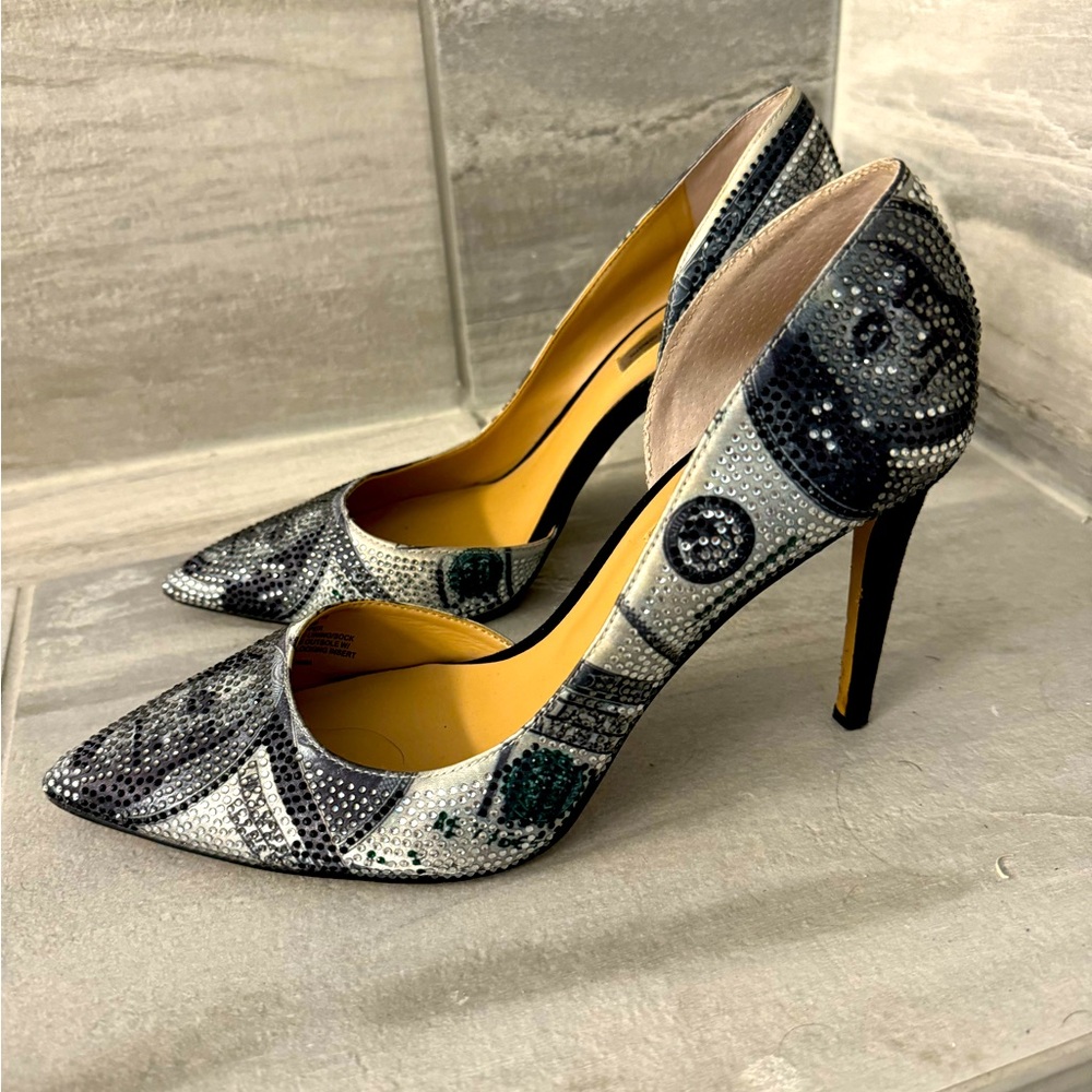 Size 10 high heel crystal encrusted shoes with $100 bills on them. Size …